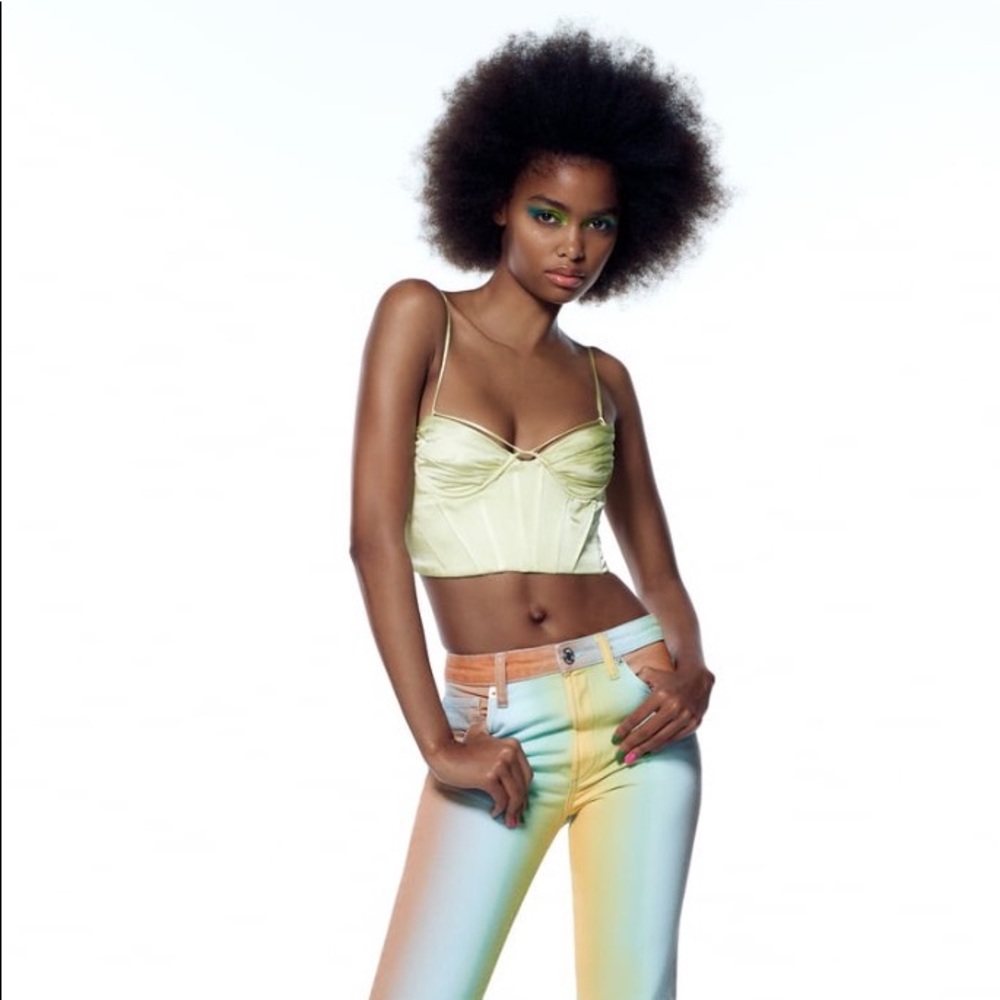 Zara Satin Effect Corset Top in Lime Green, Size Medium